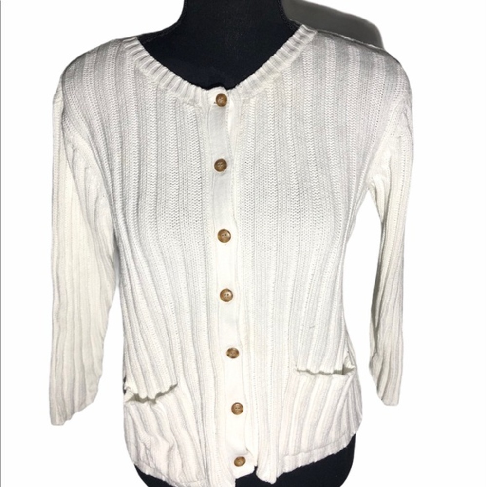 White Ribbed Knit Button Down Cardigan Sweater with Pockets Long Sleeve